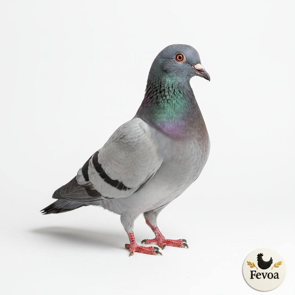 Pigeon avec logo Fevoa en bas à droite